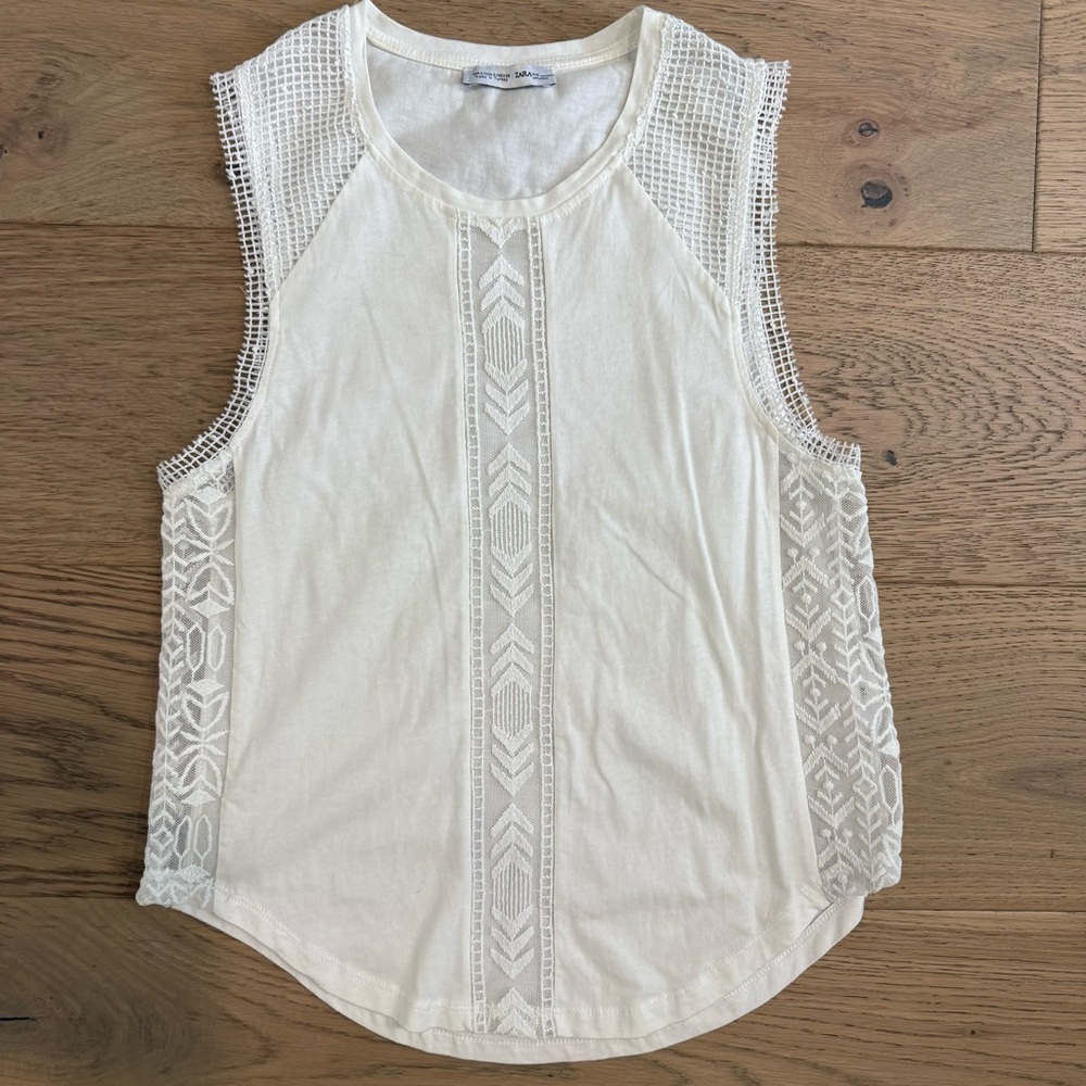 Zara White Lace Mesh Embroidered Sleeveless Top